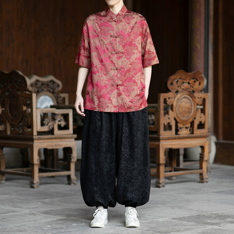 风提花唐装男士短袖衬衫盘扣新中式电商A100-2802-P65,男装T恤,电商A100