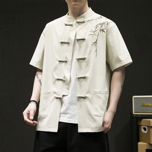 复古刺绣唐装男风夏季薄款冰丝短袖衬衫中式汉服宽松大码G103图片