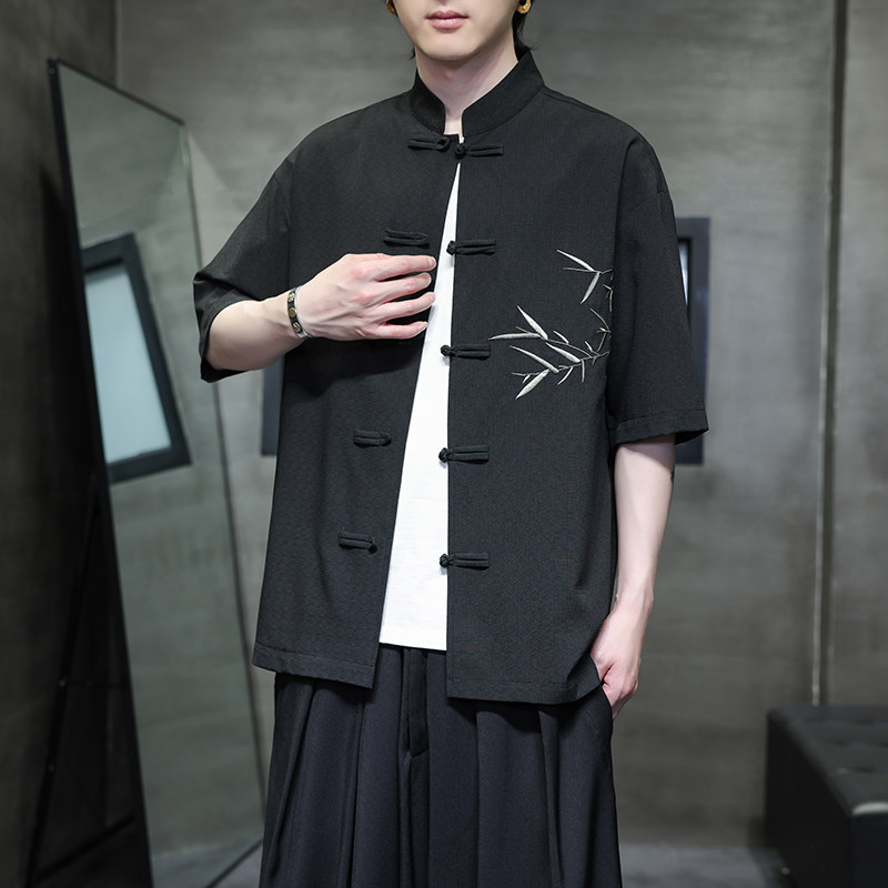 新中式唐装男风短衬衫复古刺绣汉服宽松大码电商A100-251-P65,男装民族服装,电商A100
