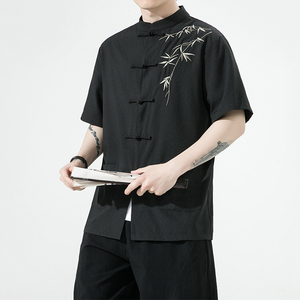 复古刺绣唐装男风夏季薄款冰丝短袖衬衫中式汉服宽松大码G103图片