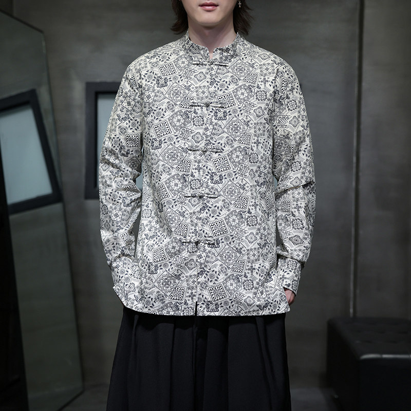 春秋风民族花长袖衬衫男百搭休闲棉中式立领盘扣A100-C32-P65，男装民族服装，电商A100