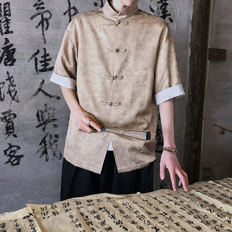 风新中式短袖盘扣衬衫压花复古上衣A100-C327-P65,男装T恤,电商A100