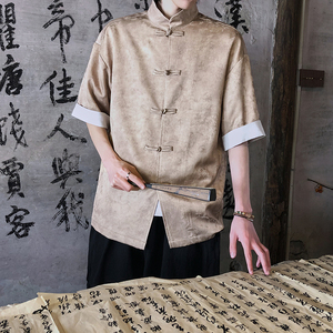 风新中式短袖盘扣衬衫压花复古上衣A100-C327-P65图片