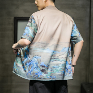风中式短袖衬衫山水画电商A100-1010-P55图片
