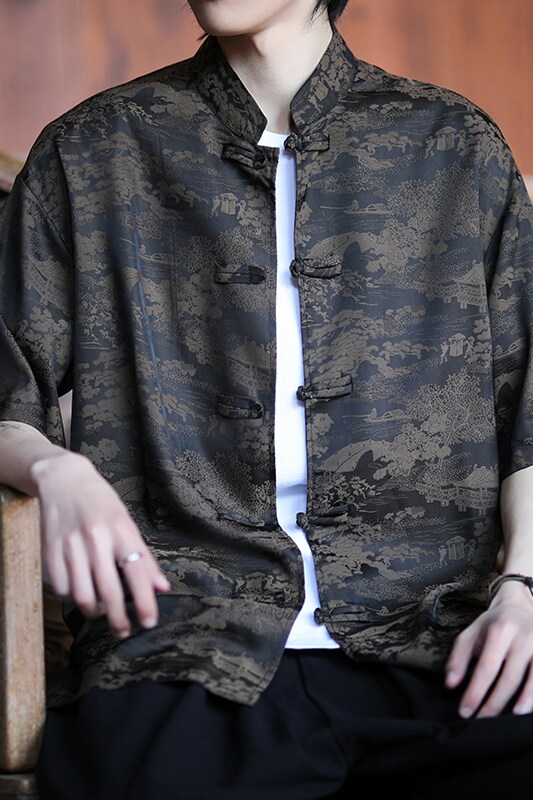 夏季薄款大码男士风唐装手工盘扣短袖衬衫A100-237-P65,男装民族服装,电商A100
