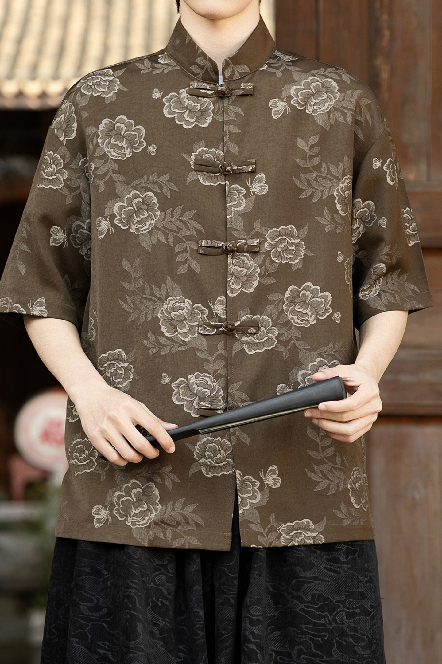 风中式牛仔提花短袖盘扣衬衫电商A100-2808-P75,男装T恤,电商A100