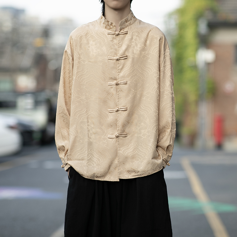 风新中式压花龙纹汉服长袖衬衫A100-C312-P65，男装衬衫，电商A100