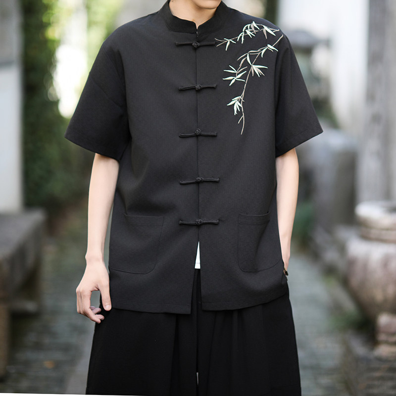 复古刺绣唐装男风夏季薄款冰丝短袖衬衫中式汉服宽松大码G103图片