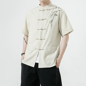 复古刺绣唐装男风夏季薄款冰丝短袖衬衫中式汉服宽松大码G103图片