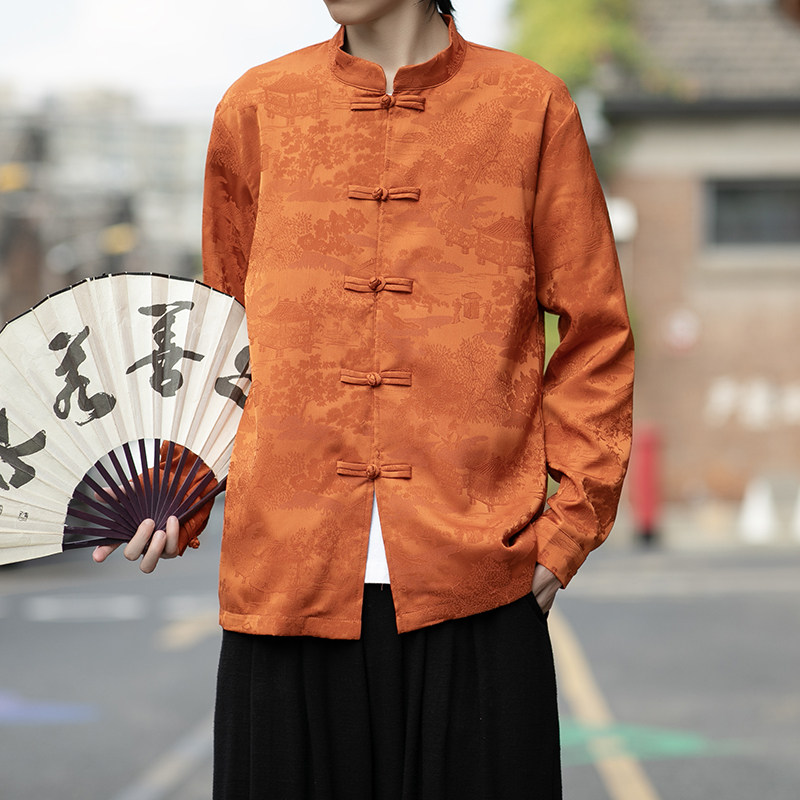 风长袖加厚盘扣休闲暗纹清明上河图纯色衬衫电商A100-C18-P68,男装衬衫,电商A100
