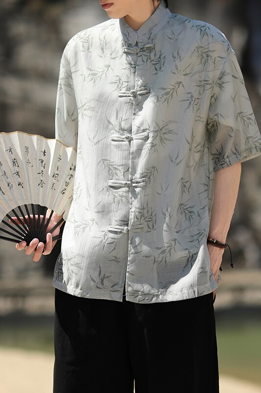 风新中式竹叶印花衬衫电商A100-C326-P65,男装衬衫,电商A100