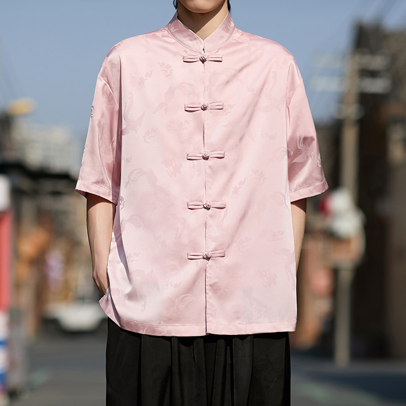 粉色提花男士风唐装衬衫盘扣电商A100-2801-P60,男装衬衫,电商A100