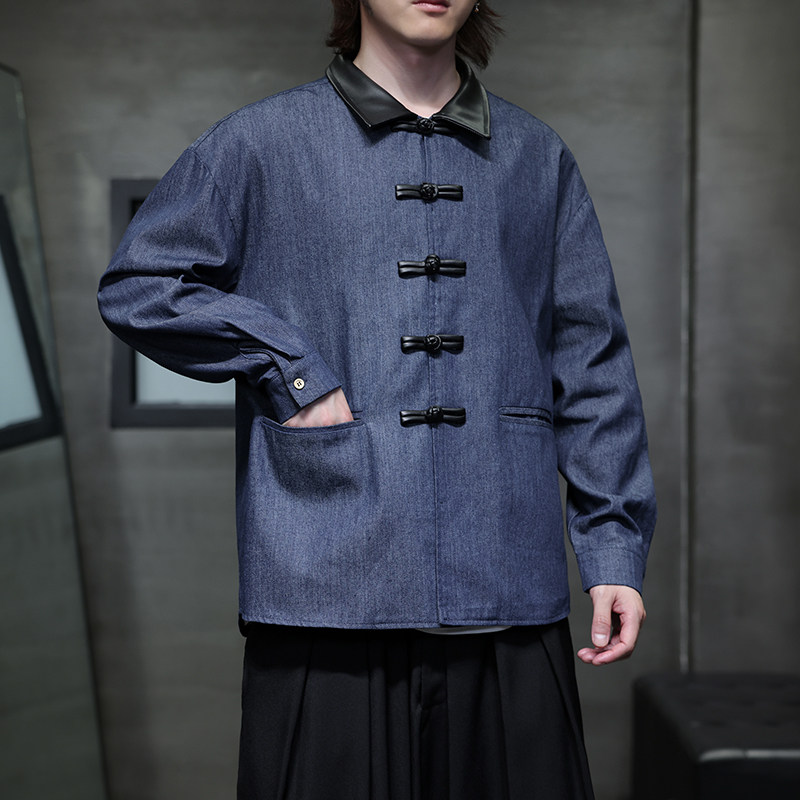 新中式牛仔唐装风长袖夹克复古盘扣宽松大码外套A100-C33-P75,男装衬衫,电商A100