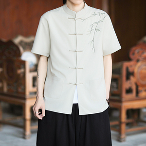 复古刺绣唐装男风夏季薄款冰丝短袖衬衫中式汉服宽松大码G103图片
