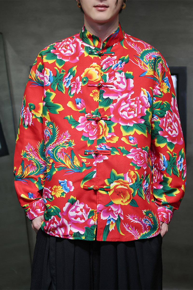 男士风新中式手工盘扣唐装东北大花衬衫A100-255-P50,男装衬衫,电商A100
