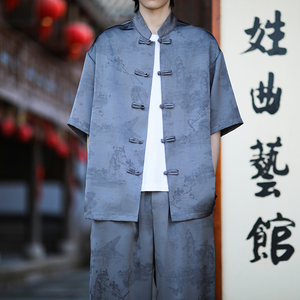 夏季薄款大码男士风唐装手工盘扣短袖衬衫A100-C330-P75图片