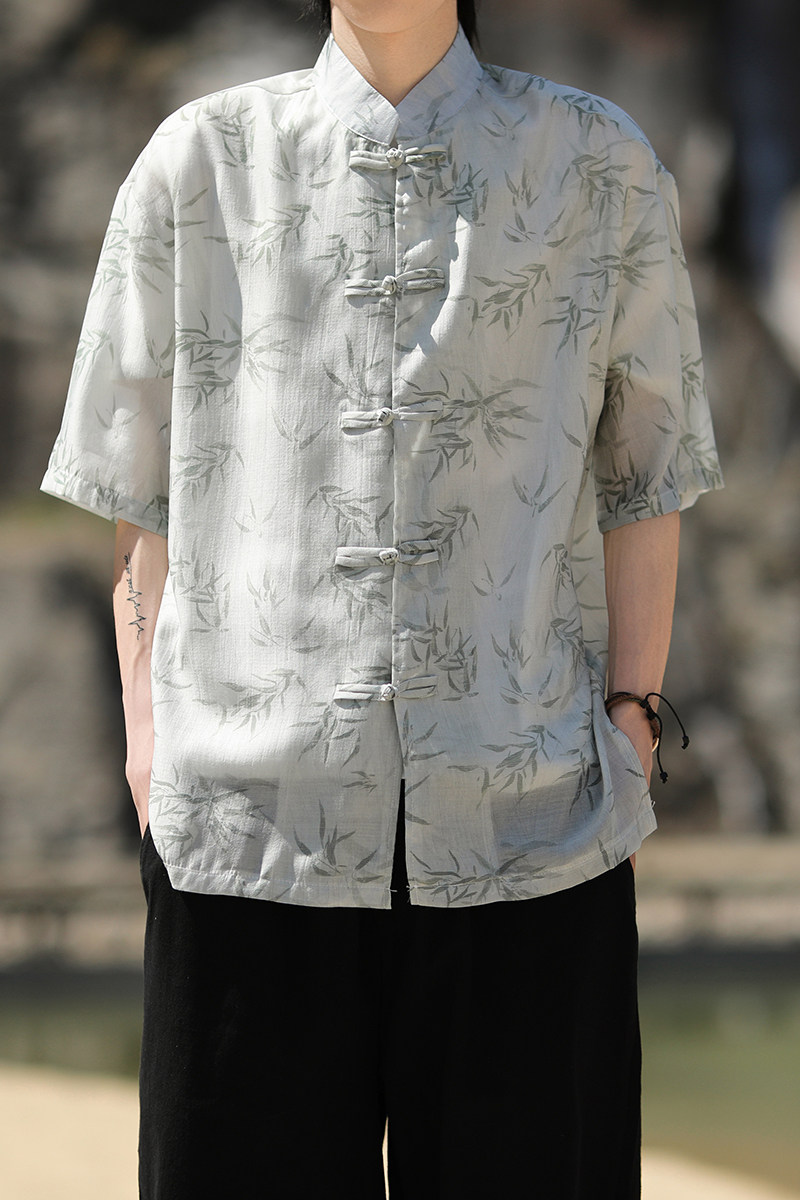 风新中式竹叶印花衬衫电商A100-C326-P65,男装衬衫,电商A100