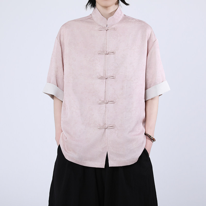 风新中式短袖盘扣衬衫压花复古上衣A100-C327-P65,男装T恤,电商A100