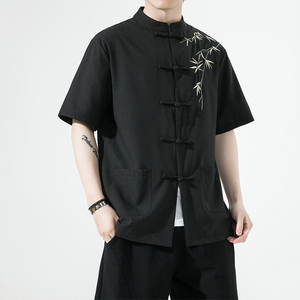 复古刺绣唐装男风夏季薄款冰丝短袖衬衫中式汉服宽松大码G103图片
