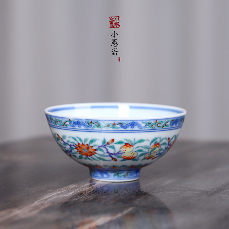小愚斋|斗彩福寿连绵鸡心杯手工斗彩青花釉里红高端茶器单个130ml