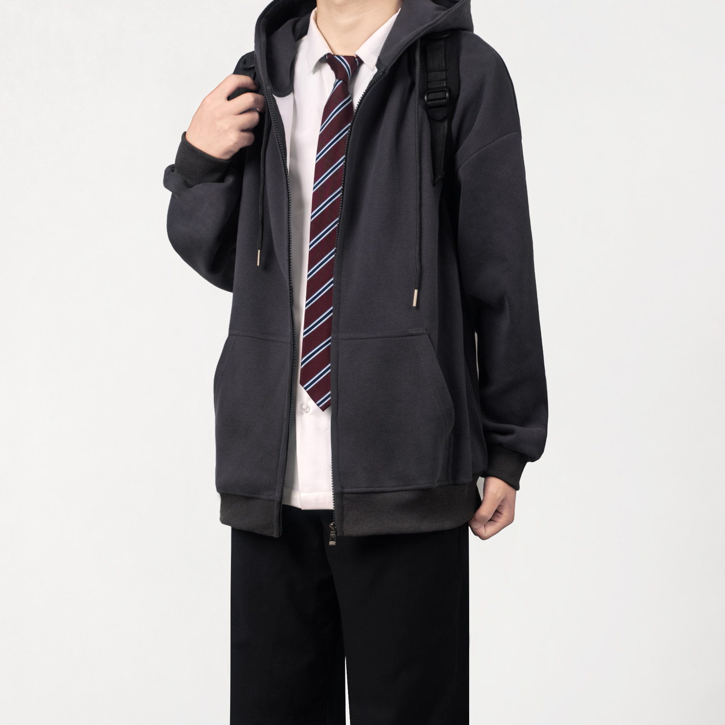 木村叔dk日系灰色连帽开衫拉链卫衣男生青少年春季纯棉基础款外套