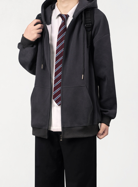 木村叔dk日系灰色连帽开衫拉链卫衣男生青少年春季纯棉基础款外套