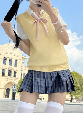 木村叔jk制服V领黄色毛衣女秋冬季学院风女学生叠穿无袖针织背心