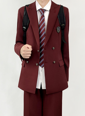木村叔dk日系原创酒红色西服外套男生学院风双排扣校供感制服套装