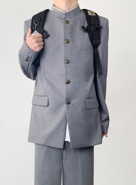 木村叔dk原创制服灰色诘襟学兰服中山装立领西装男复古新中式套装