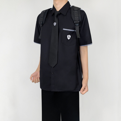 木村叔dk日系黑色短袖衬衫男生秋季原创刺绣校供感学生制服衬衣