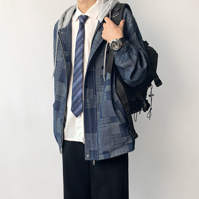 木村叔dk日系夹克男装上衣青少年学院风休闲宽松学生连帽格子外套图片