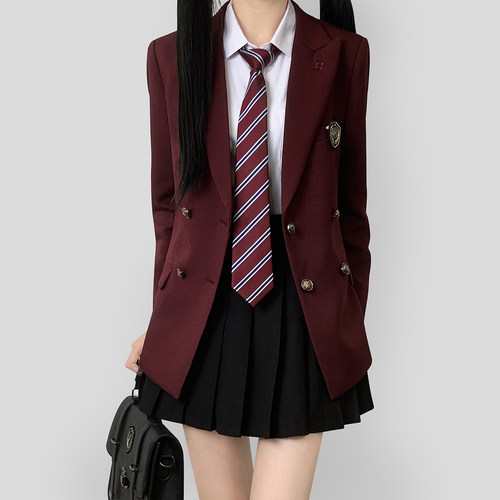 木村叔dk日系原创酒红色西服女学生制服春秋季六粒双排扣西装外套