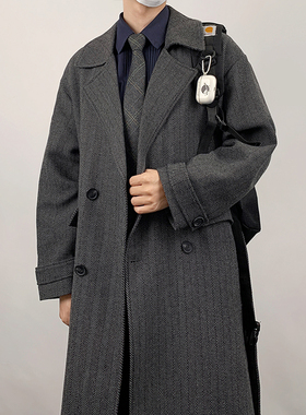 木村叔dk日系制服中长款过膝西服大衣男士春秋季休闲条纹西装外套