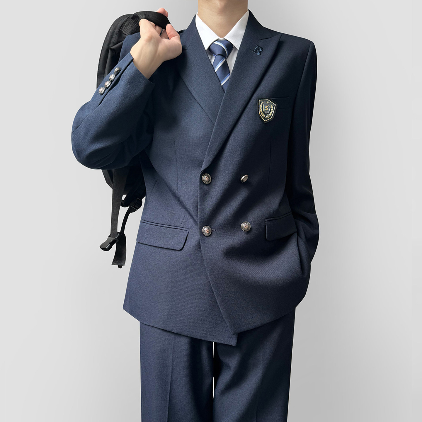 木村叔dk日系原创设计刺绣绀色双排扣复古西装男生戗驳领西服套装