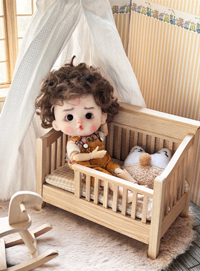 1:12婴儿床小木床模型娃娃屋木质家具微缩场景 拍摄道具ob11 盲盒