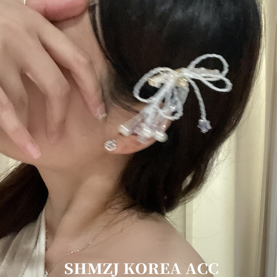 白色串珠蝴蝶结流苏发夹鸭嘴夹