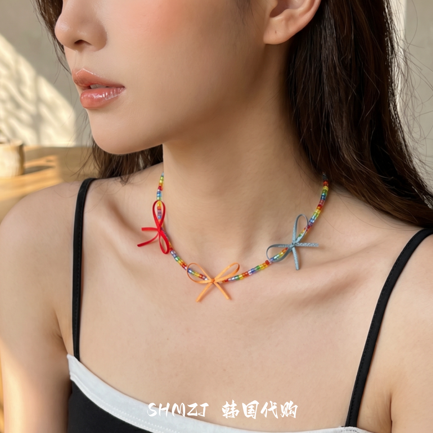 彩虹蝴蝶结幻彩串珠项链少女感