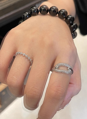 SHMZJ韩国代购新款环扣方形戒指银镶晶钻简约轻奢指环女戒子百搭