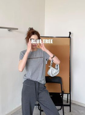 bluetree高品质简约纯色短袖T恤女2026夏季新款时尚前后字母上衣