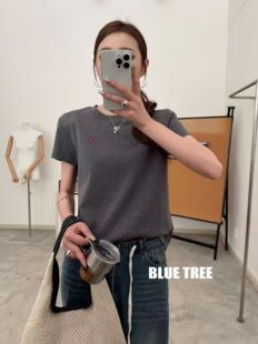 bluetree高品质简约打底衫女绵软垂顺卡通刺绣圆领短袖T恤2026夏