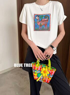 bluetree短袖T恤女2026夏季新款卡通钉珠圆领打底衫正肩纯色上衣