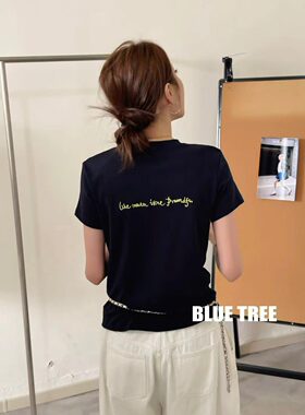 bluetree短袖T恤女2026夏季新款后背刺绣字母简约打底衫圆领上衣