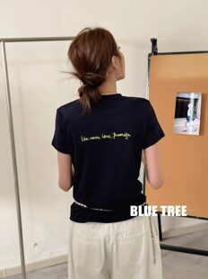 bluetree短袖T恤女2026夏季新款后背刺绣字母简约打底衫圆领上衣