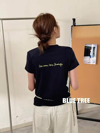 bluetree短袖T恤女2026夏季新款后背刺绣字母简约打底衫圆领上衣