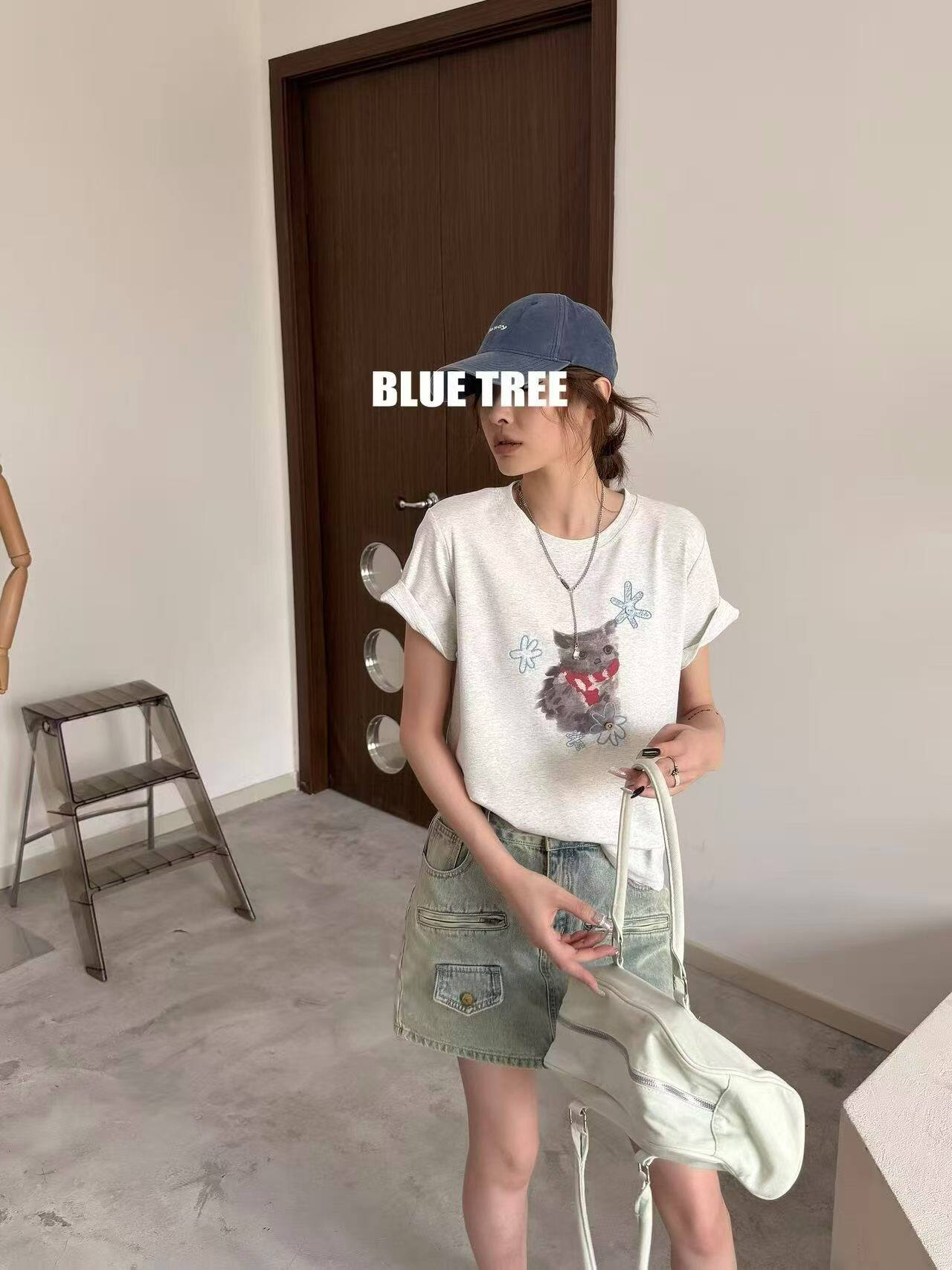 bluetree短袖T恤女白色刺绣韩系猫咪卡通宽松正肩短袖上衣浅灰色