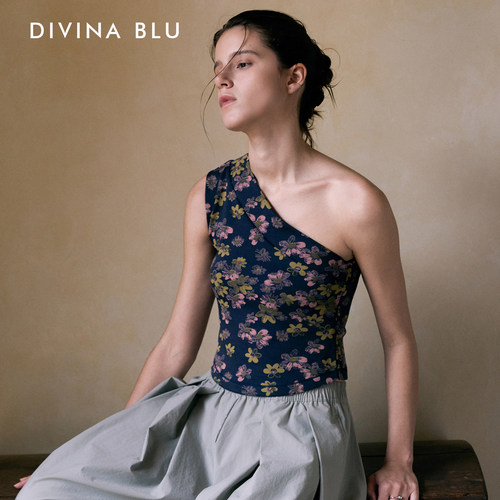 DIVINA BLU迪唯纳不对称单肩碎花瑜伽背心女性感内搭运动打底上衣