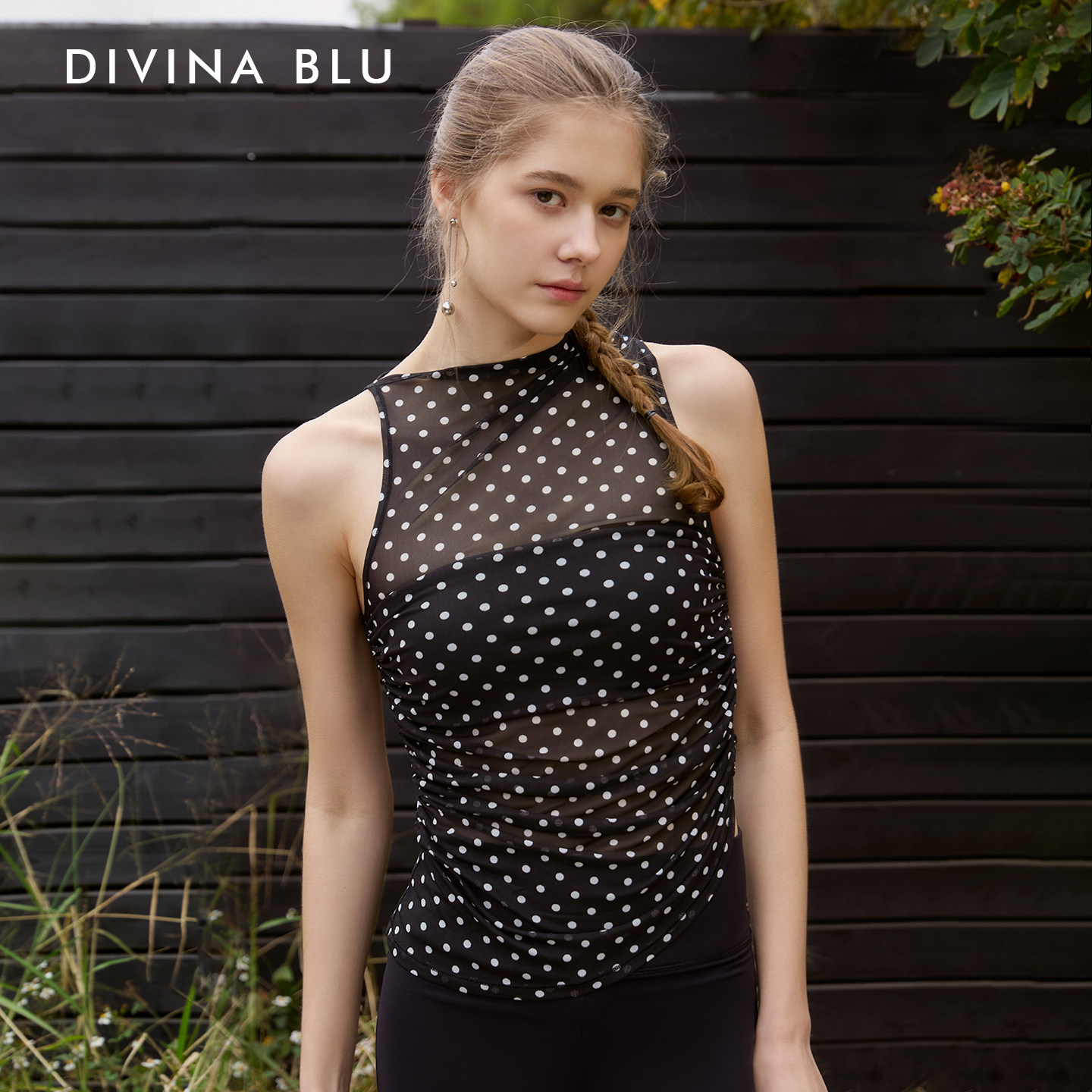 DIVINA BLU迪唯纳波点风潮无袖瑜伽背心女黑色透视网纱上衣带胸垫