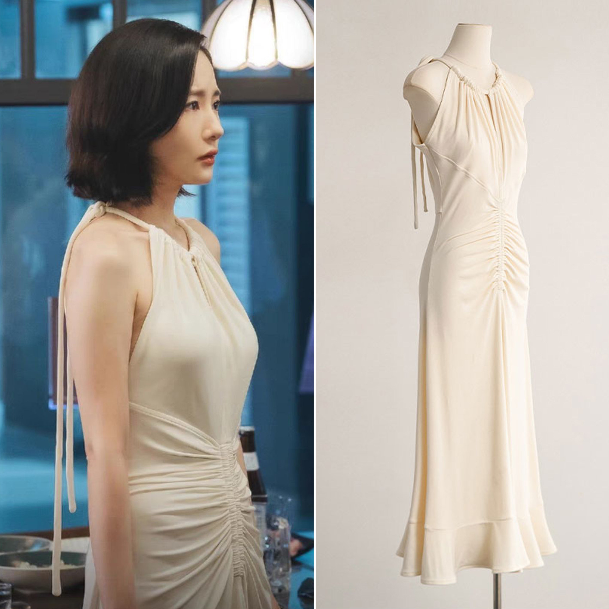 现货和我老公结婚姜智媛朴敏英同款抽皱挂脖性感荷叶边连衣裙长裙