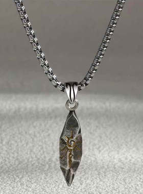 复古许愿石项链男款个性中性风陨石拼色吊坠项链男士嘻哈毛衣链配