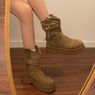 中筒圆头流苏串珠堆堆短靴女秋冬季 厚底显瘦西部牛仔骑士靴子 新款